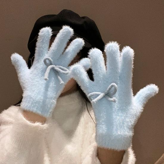 Women Fuzzy Thermal Gloves Fluffy Winter Thick Full Finger Gloves with Bows Solid Color Cute Warm Plush Gloves for Girls Cycling Daily Errands