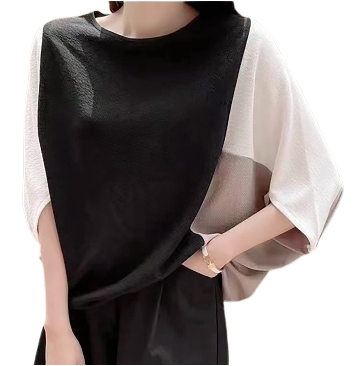 

Двухцветный летний топ простого кроя с вырезом лодочкой и короткими рукавами, рукава долман, весна-лето-осень, пуловер, свободный, милый, для студентки, повседневный, черный, белый чёрный