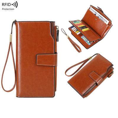 Carteiras Femininas Longas de Couro PU RFID Antifurto Clutch Zíper Bolso para Moedas Cera de Óleo Carteira Retrô Porta-Cartões Feminino de Alta Qualidade Porta-Moedas