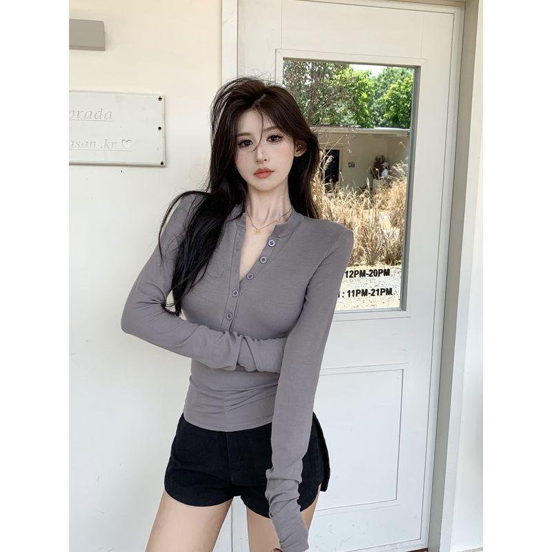 Kumikumi Pure Desire Style Temperament Solid Half-Open Collar Long Sleeves Shirt Women Clothes Autumn Waist Hugging Slimming Versatile Top