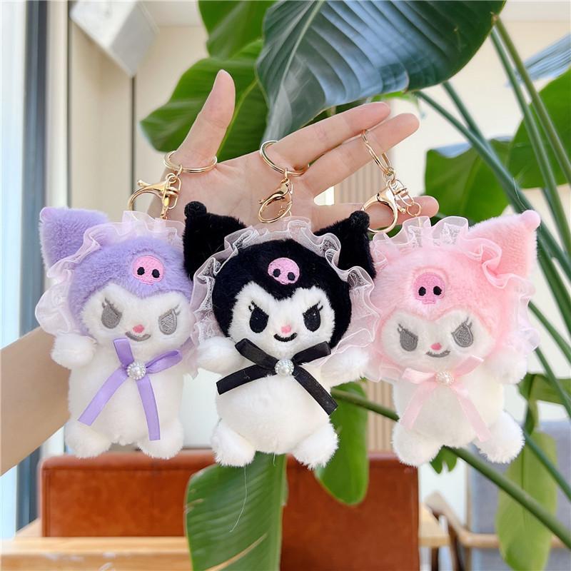 Cute Lolita Style Puppy Plush Keychain Bag Charm Soft Stuffed Animal Doll Pendant Backpack Decor Accessory