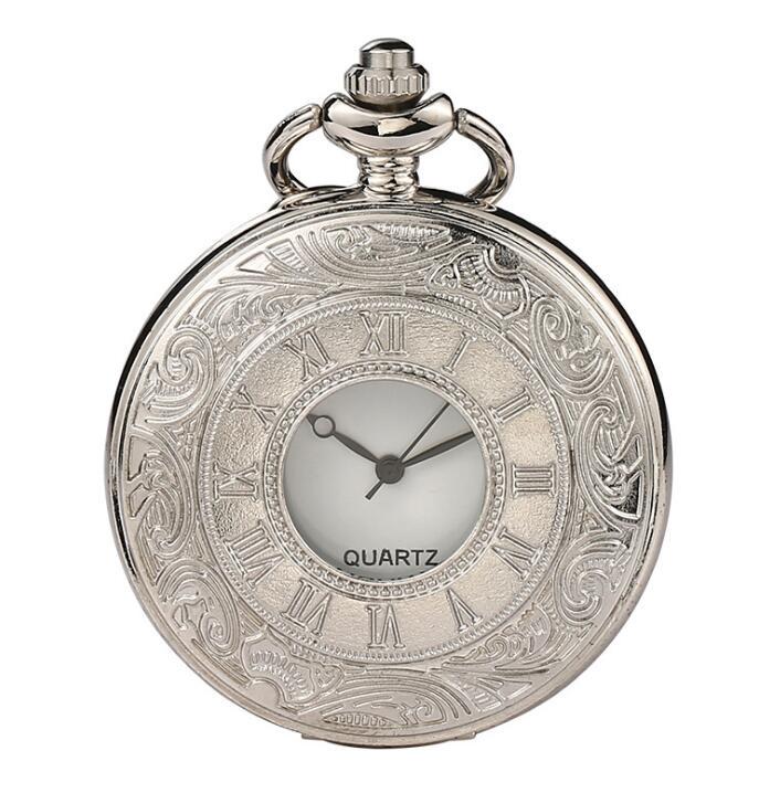 Vintage Roman Numerals Pocket Watch with Chain Hollow Case Steampunk Quartz Fob Watch