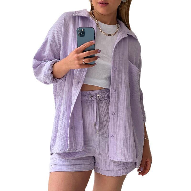 European and American Women's Crinkle Lapel Shirt & High Waist Shorts Two-Piece Set