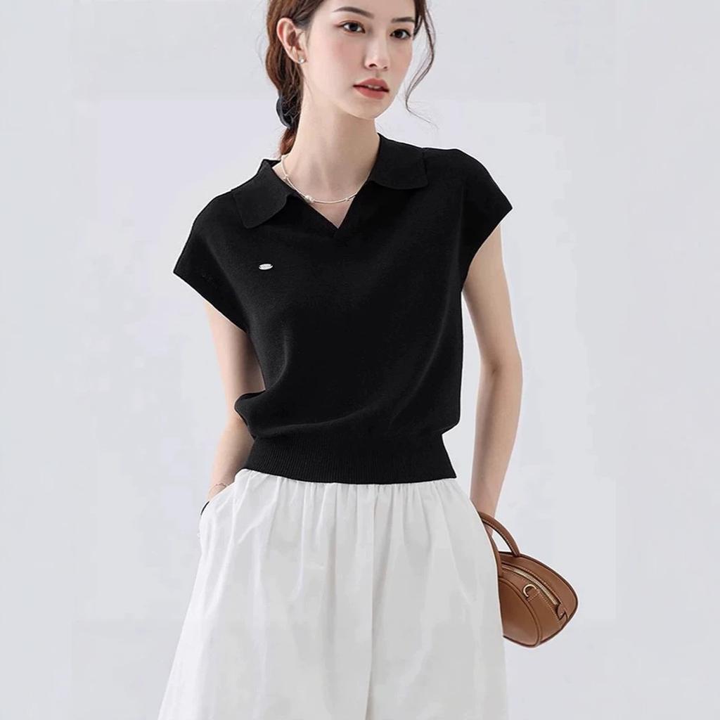 Blue linen tencel lapel knitted short-sleeved women's new summer temperament short polo shirt and top