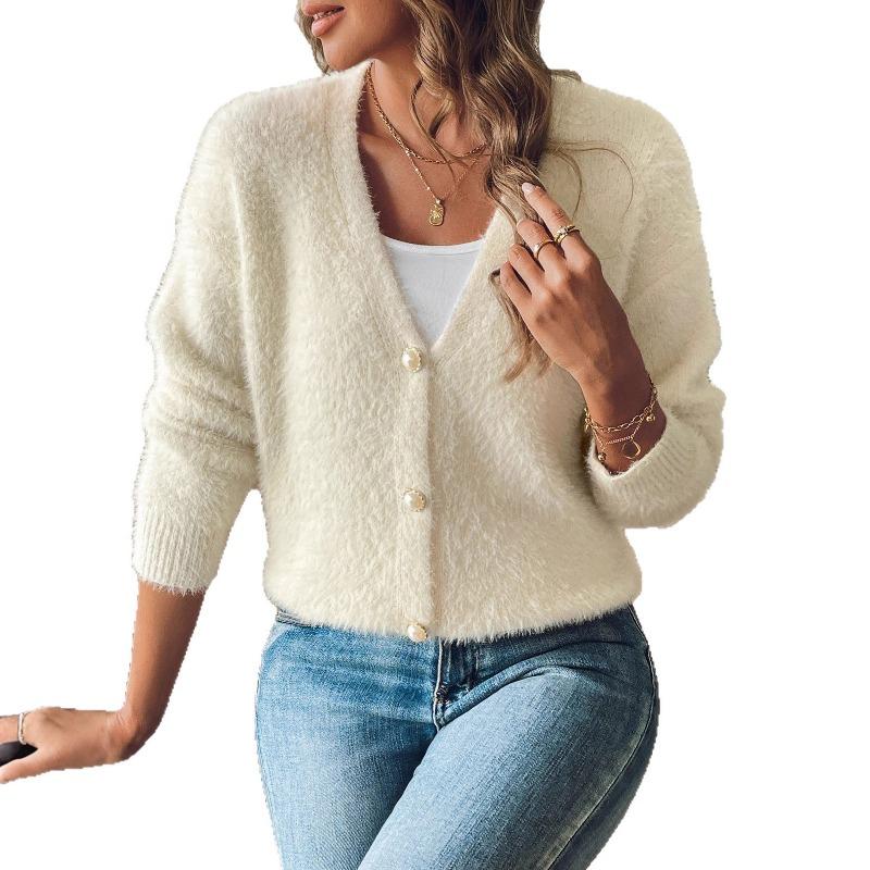 Women S Faux Fur V Neck Long Sleeve Single Button Short Cardigan Coat