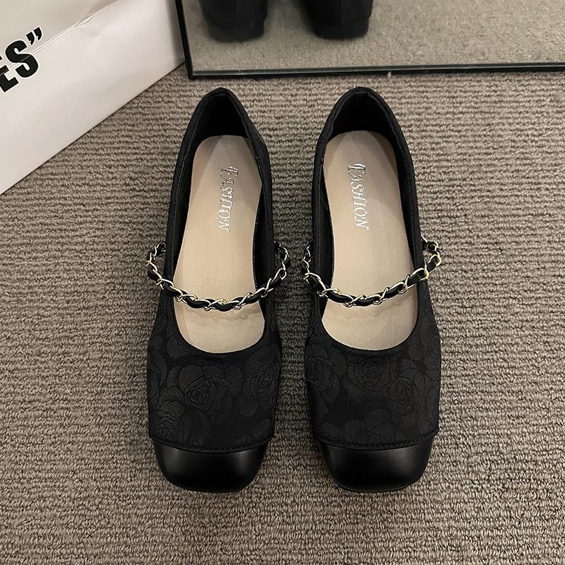 

With small fragrant style Mary Jane low-heeled women s shoes thick-heeled single shoes women s new French one-word square head shallow mouth tem 40 чорний