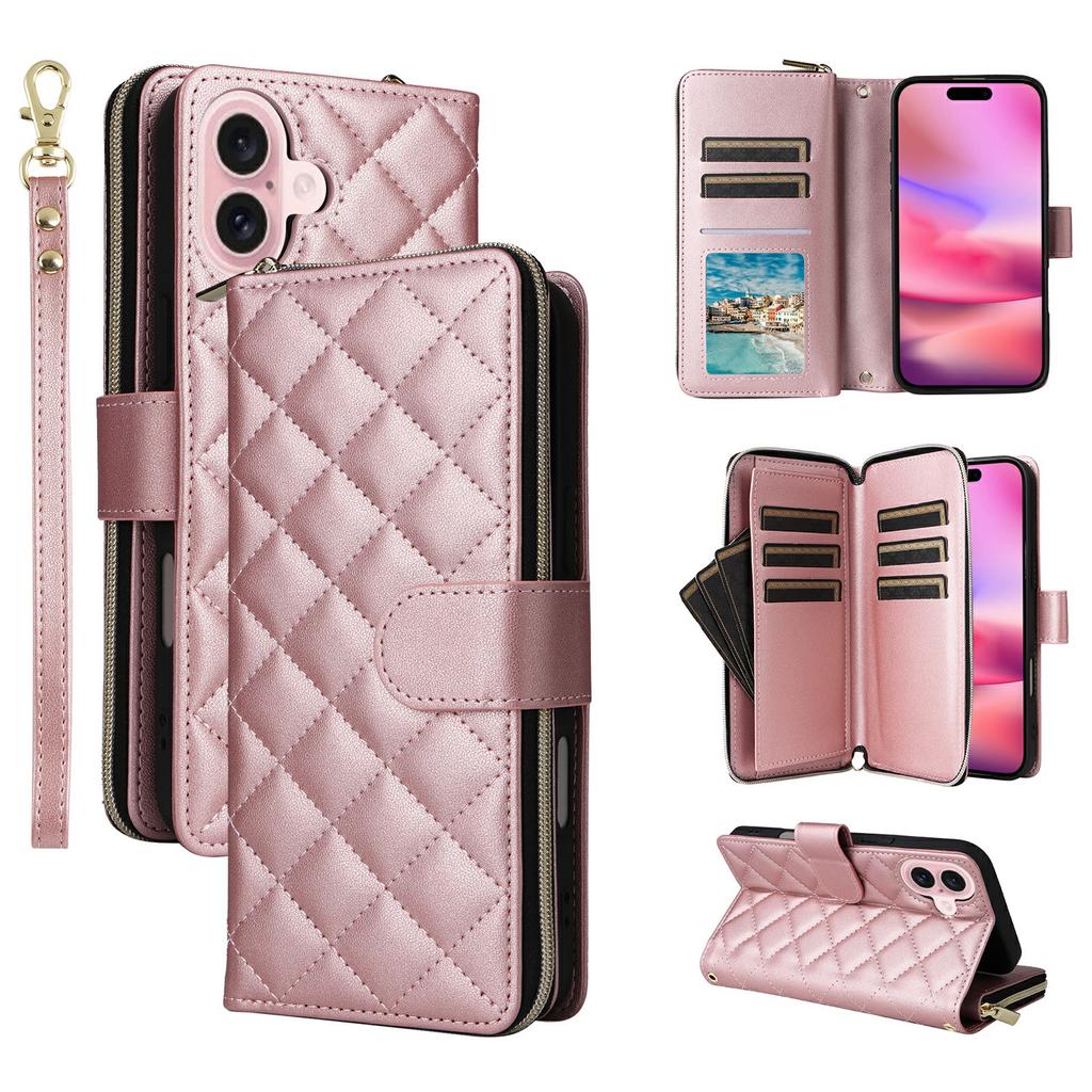 For iPhone 17 Case Zipper Wallet Rhombus PU Leather Crossbody Phone Cover