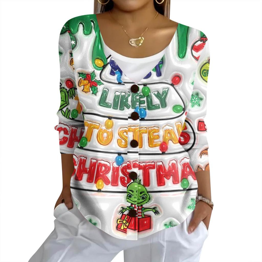 Women's Fashion Casual Knit Sweater Button-Up Christmas Print Cardigan Jacket