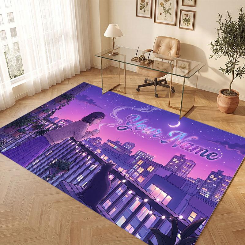 Stadt Cyberpunk Thema Kristall Samt Boden Teppich Personalisiert Benutzerdefinierter Name Text Warmer Teppich Heimdekoration