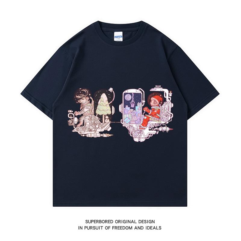 

220GSM Тяжелая футболка из 100% хлопка, футболка с рождественским научно-фантастическим принтом, мужские повседневные базовые мужские топы с круглым вырезом, футболка