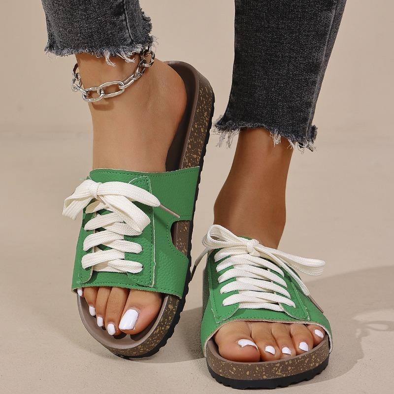 Large size woven one-word lace-up slippers women's new flat-heeled sandals platform beach shoes