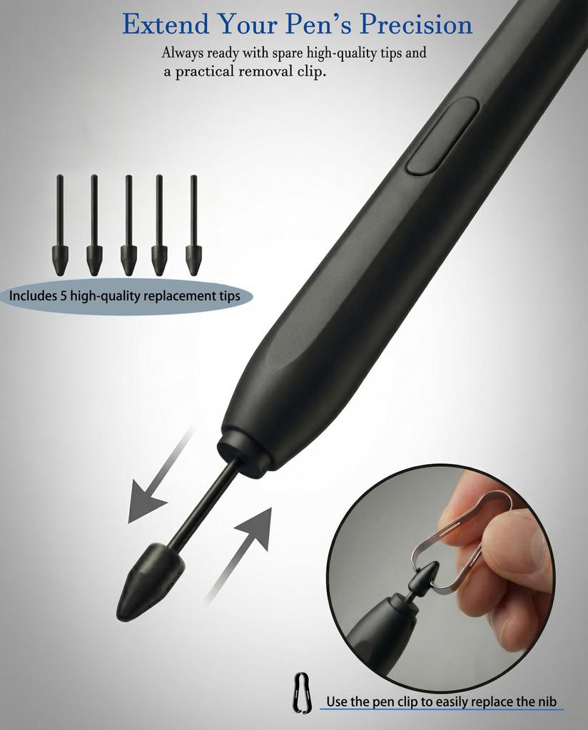 Magnetic EMR Stylus Pen with 4096 Levels of Pressure Sensitivity, Handwriting and Drawing Support, Palm Rejection, Eraser Function, 5 Replacement Nibs