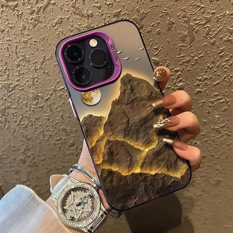 Lucky Golden Mountain Electroplate Silver IMD Case for IPhone 16 15 14 13 12 11 Pro Max XS XR X SE 2 3 7 8 Plus Matte Hard Cover