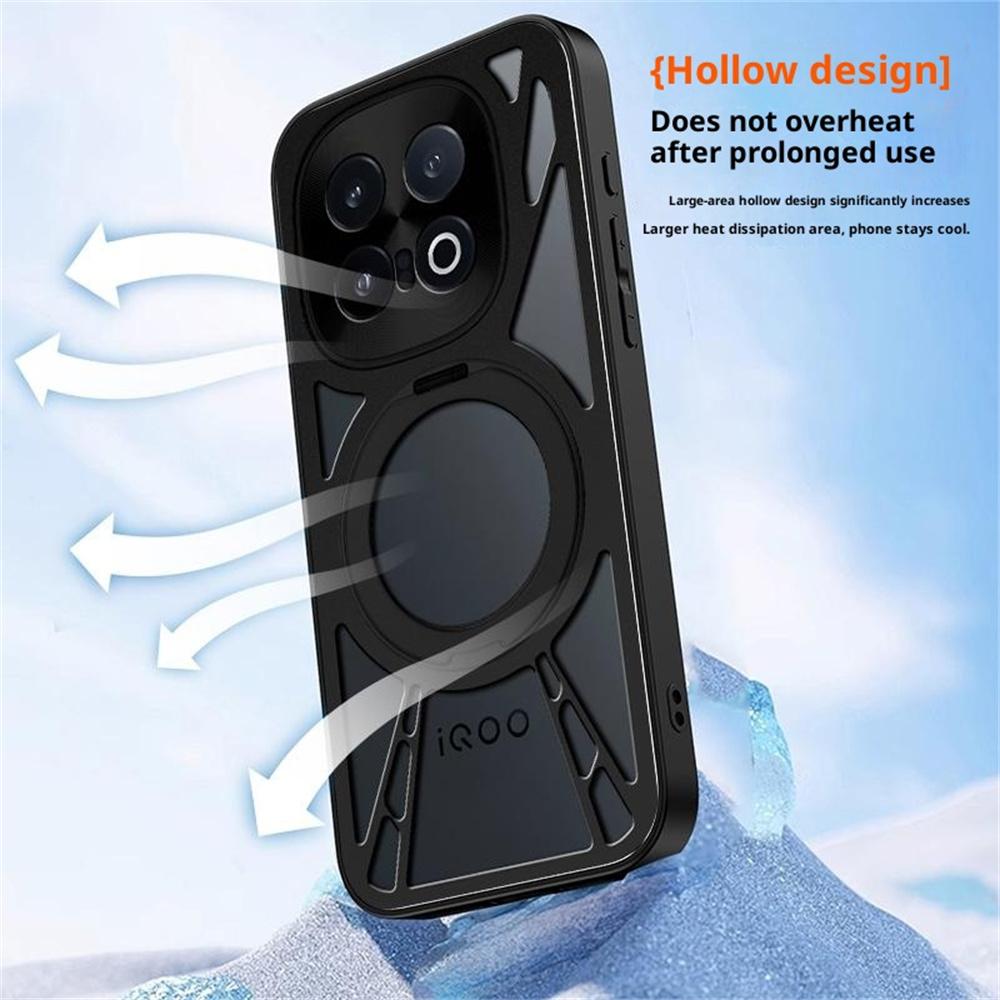 For vivo iQOO 15 5G Case Magnetic Kickstand Hollow Heat Dissipation Silicone + PC + Metal Bumper Phone Cover