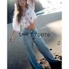 Spring and Summer New Women's Clothing Wavy Edge V Neck Half Length Puff Short Sleeve Florals Embroider Poplin Tops 1281793
