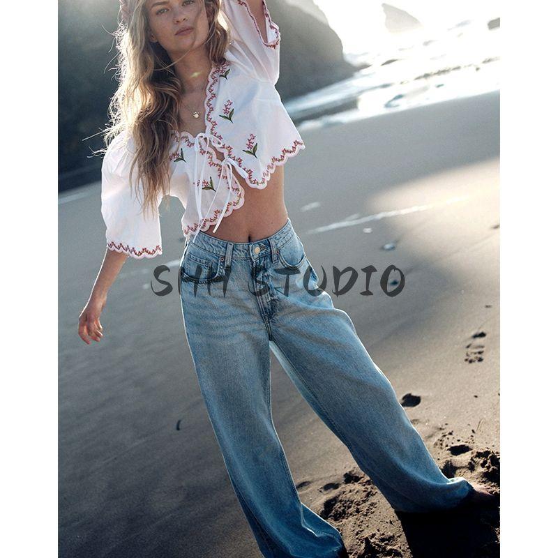 Spring and Summer New Women's Clothing Wavy Edge V Neck Half Length Puff Short Sleeve Florals Embroider Poplin Tops 1281793