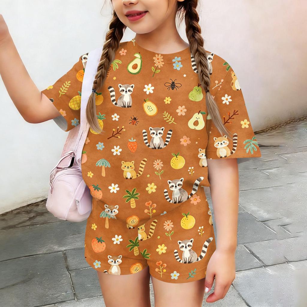 Kids Casual Short Sleeve Top and Shorts Set Lightweight Soft Fabric Animal Print Summer Outfit for Toddlers and Children