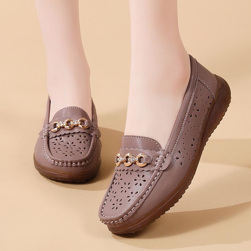2023 Spring/Autumn Women's Casual Leather Slip-On Shoes with Metal Buckle - Soft Sole, Large Size, Comfort for Moms