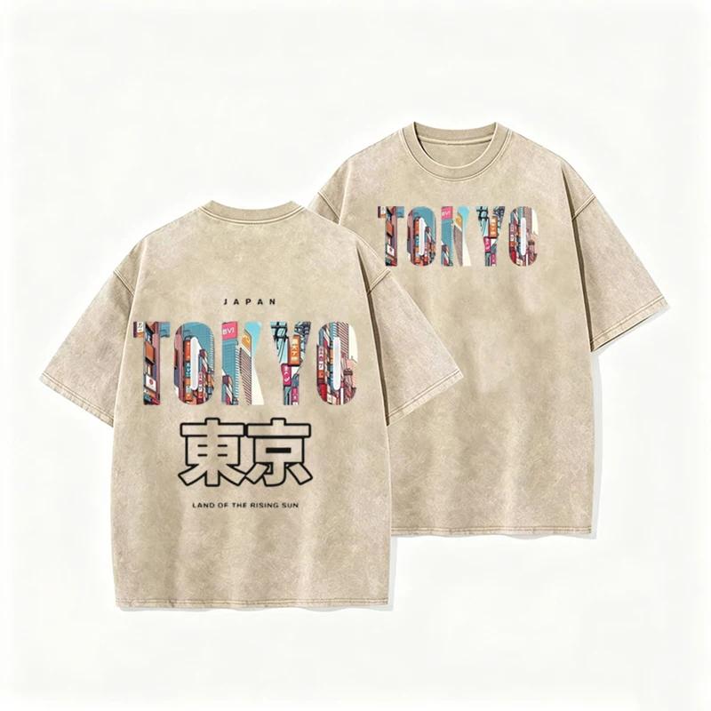 Retro Tokyo Cityscape T Shirt Men Women Casual Washed Cotton Short Sleeve Top S