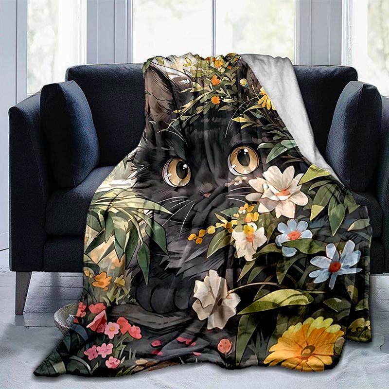 1pc Black Cat Flower Blanket  Soft & Cozy, Perfect Gift for Any Occasion,Living Room, Travel, Camping, Car Blankets