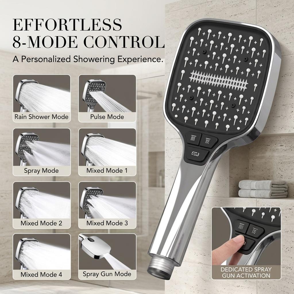 Handheld Shower Head Set High Pressure 8 Spray Modes Adjustable Water Saving Bathroom Shower Sprayer