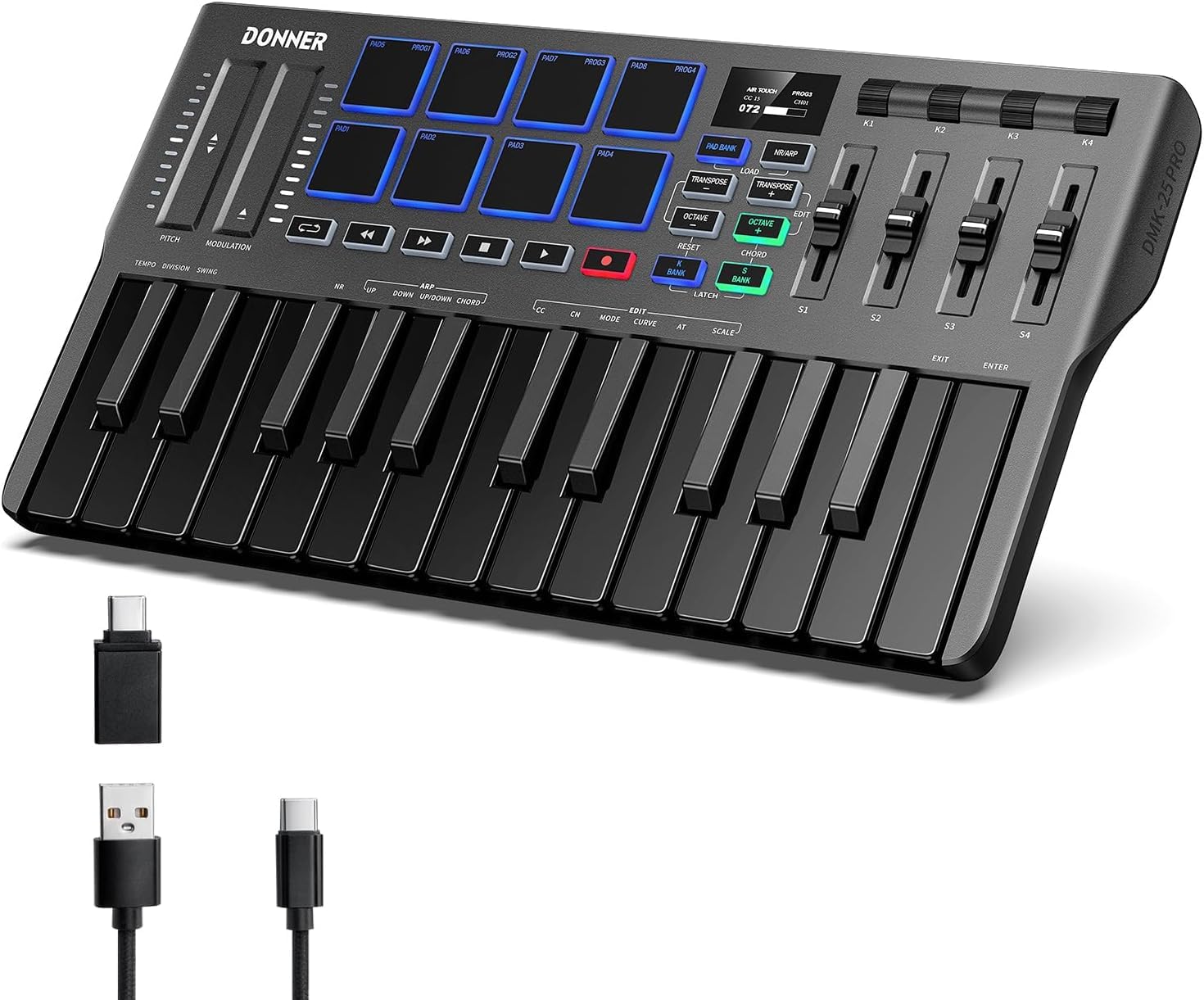 

Donner DMK-25 PRO USB MIDI Keyboard Controller, 25 Keys, Velocity Sensitive, Touch Sliders, OLED Screen, Backlit Pads, Music Production, MacPC
