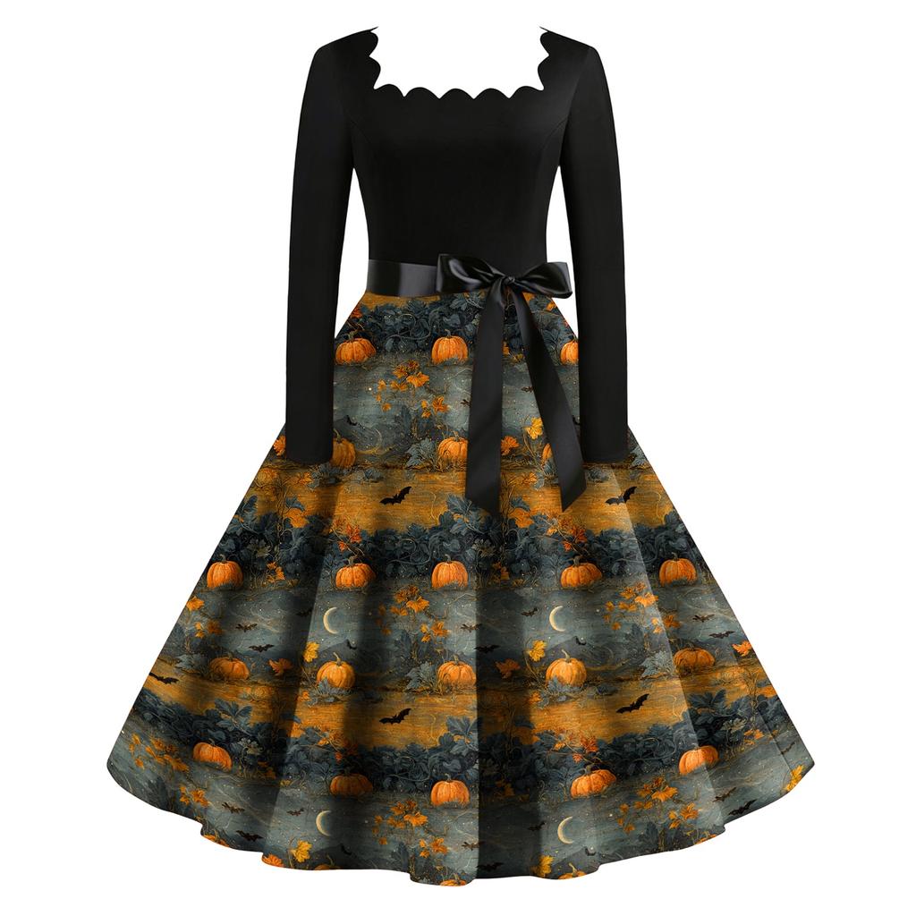 Women's Vintage Square Neck Long Sleeve Dress with Halloween Print for Evening Party