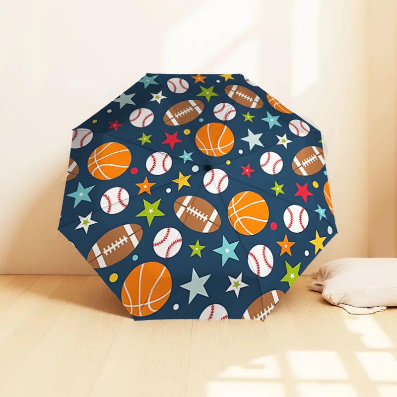 Sports Ball & Star Pattern Automatic Opening/Closing Umbrella - Portable Tri-Fold Design, 8-Rib Iron Frame Outdoor Umbrella, Ideal Gift for