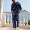 Cross-border Autumn Linen Men's Casual Suit Loose Hooded Henley Shirt Long Sleeve Pants Suit