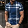 Men Summer Shirt Lapel Zipper Color Matching Plaid Striped Print Slim Fit Short Sleeve Pullover Mid Length Soft Breathable Men Business Top