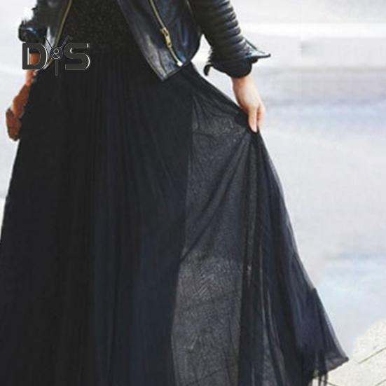 Women Skirt High Waist Pleated Loose Solid Color Elastic Waist Soft Double Layered Mid Calf Length Lady Prom Party Daily Midi Skirt