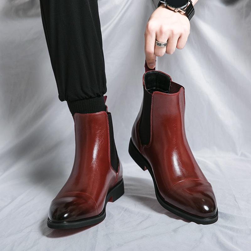 Men's European & American Style Plus Size Chelsea Boots, High-Top Pointed Leather, British Fashion Business Slip-On Short Boots