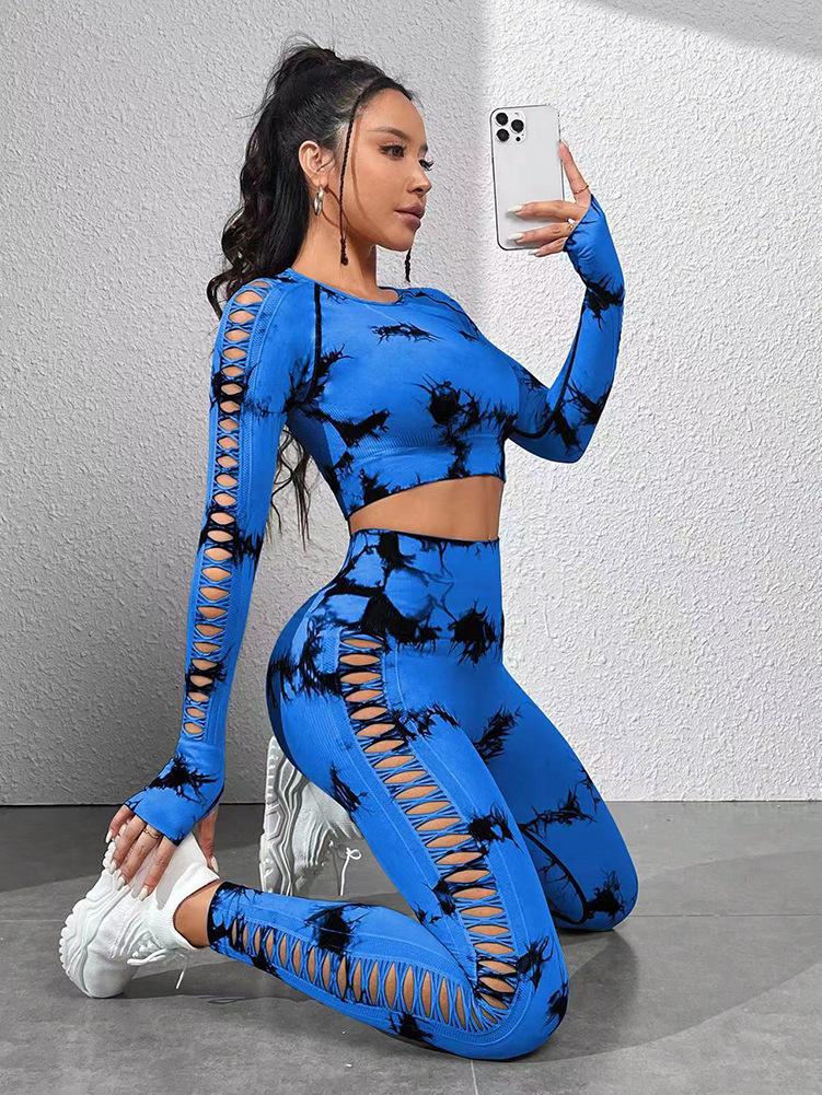 European American Tie-Dye Butt-Lift Yoga Set: Long Sleeve, Seamless Fitness Clothing with Hollow Out Design