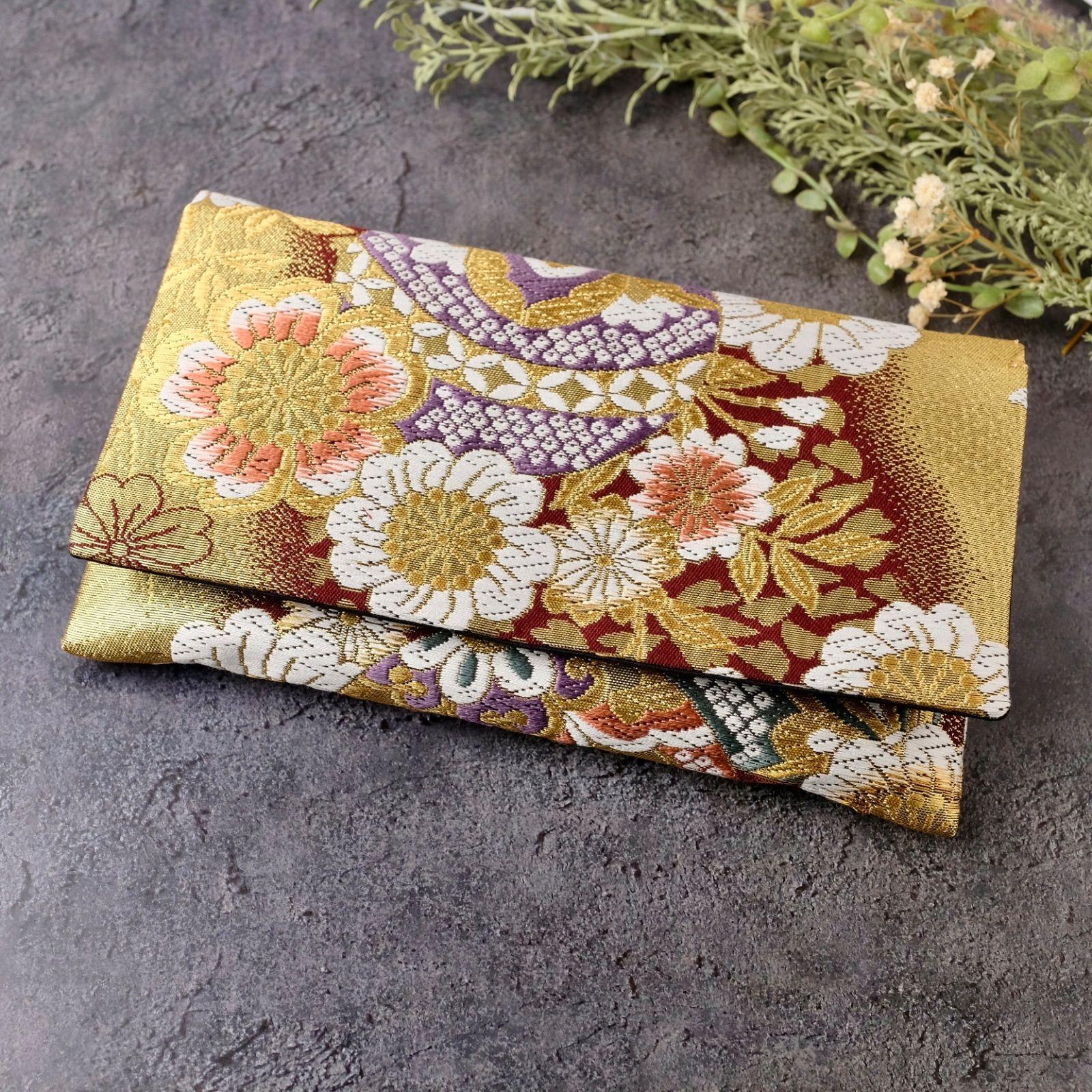 Used Goshuin book case, goshuin book holder, obi remake, fukusa type, kimono remake, Japanese pattern, Japanese style, gold and red, cherry blossoms,