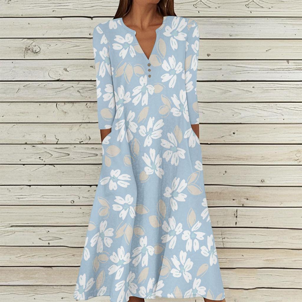 Women's Summer Casual V-Neck Button Vintage Floral Print Three-quarter Sleeve Long Dress With Pockets