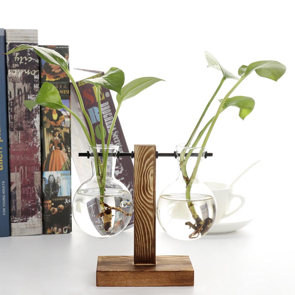 Hydroponic Vase with Wooden Stand Retro Glass Bulb Plant Propagation Station for Home Decoration 2 Containers