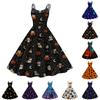 Women Halloween Print Off Shoulder Spaghetti Strap Dress Sleeveless A Line Party Costume with Pumpkin Bat Pattern