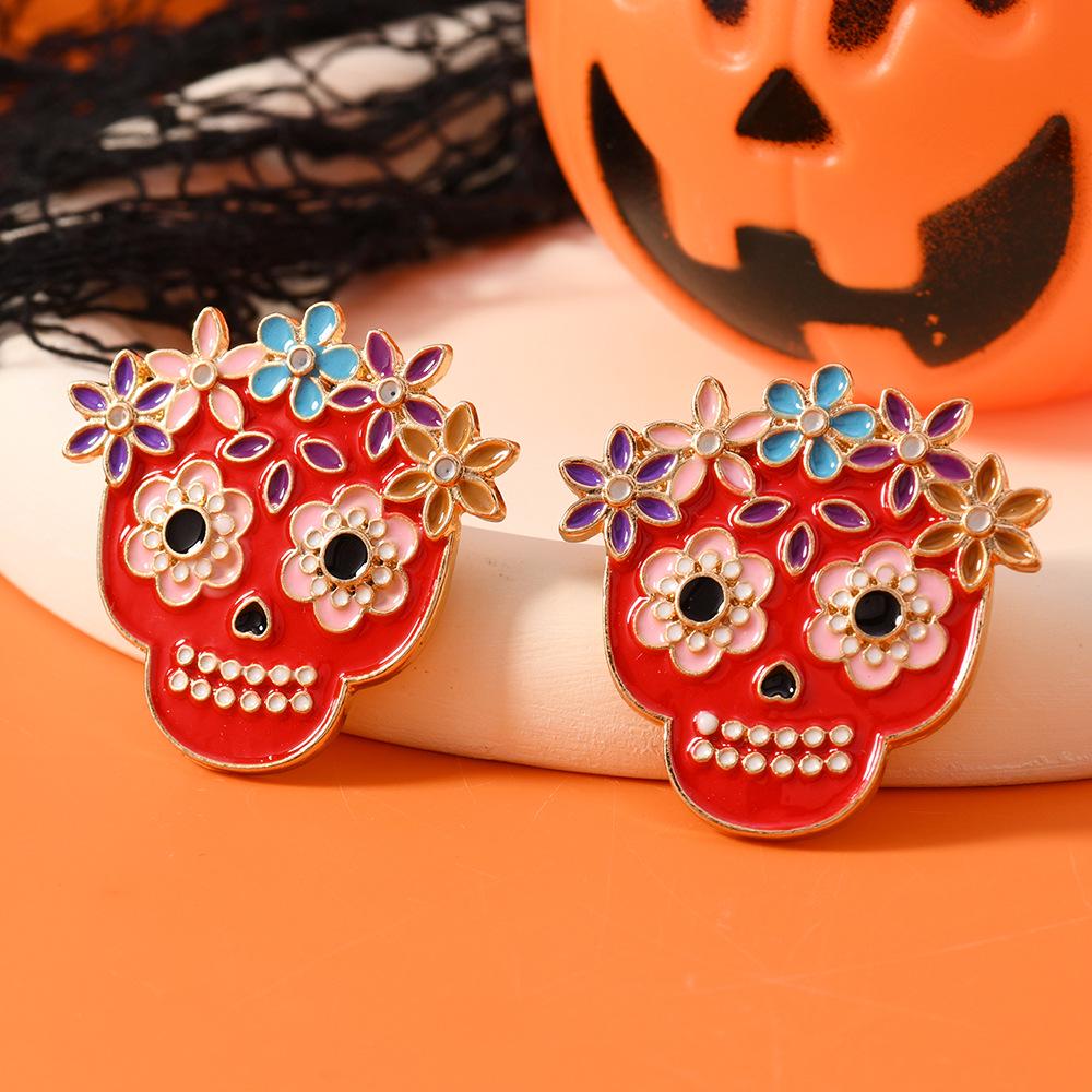 Colorful Rhinestone Skull Earrings: Retro Pink Drip Oil Studs for Women’s Halloween