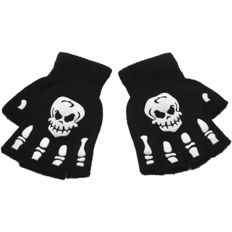 Punk Gloves Halloween Gloves Cosplay Y2k Skeleton Skull Half Finger Gloves Glow in The Dark Stretch Knitted Winter Mittens Adult