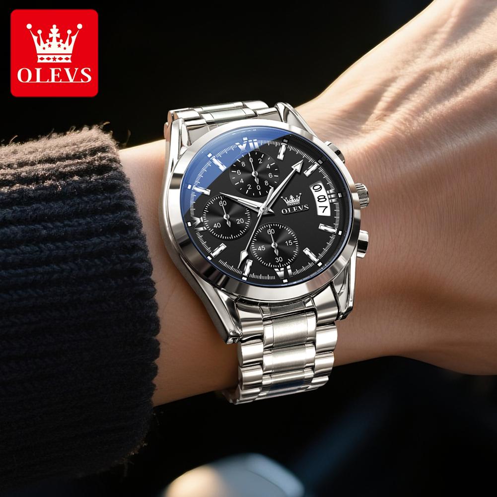 OLEVS Men Watches Casual Fashion Solid Stainless Steel Strap Original Quartz Watch for Man Waterproof Luminous Date Chronograph