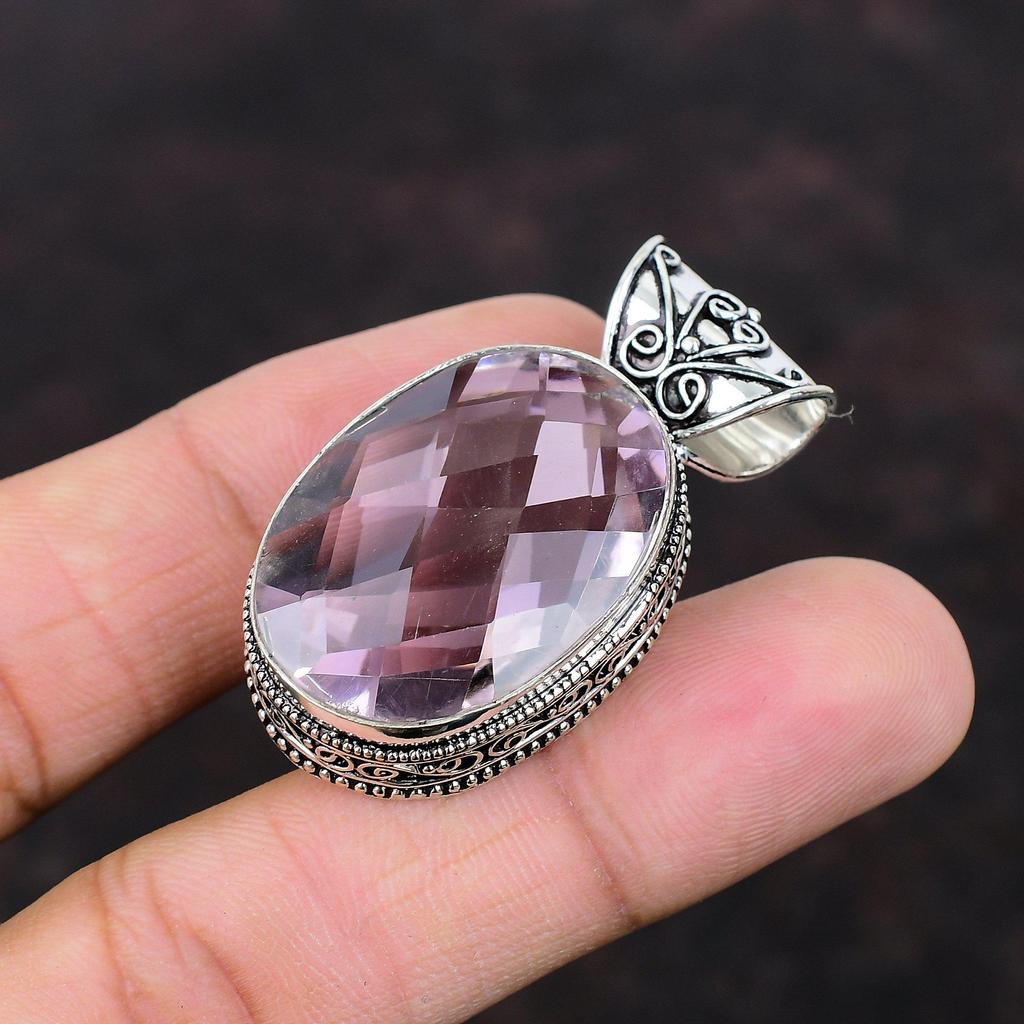 Faceted růžový kunzitový přívěsek přírodní kámen šperky 925 mincovní stříbro přívěsek ručně vyrobený přívěsek drahokam vintage přívěsek dárek k zásnubám
