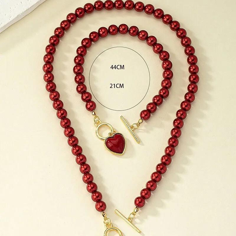 2PCS Immitation Pearl Necklace Bracelet Jewelry Set Elegant Love Pearl Color Pendant Natural Color Beads Collar for Girl Gifts