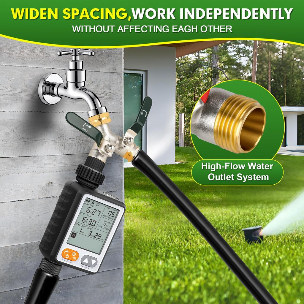 Long handle brass two way water diverter valve 3 4 inch GHT threaded high flow garden hose splitter green.