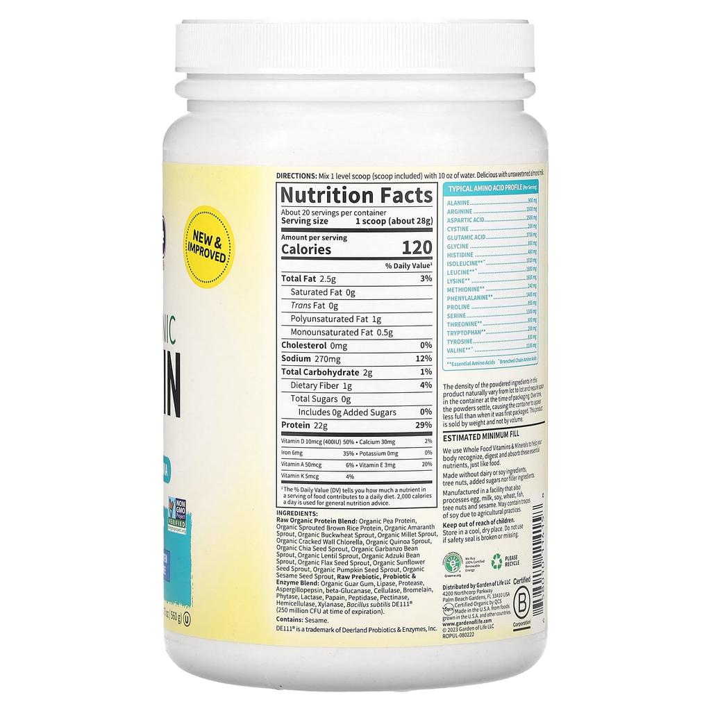 Raw Organic Protein, Organic Plant Formula, Unflavored, 560G (19.75Oz)