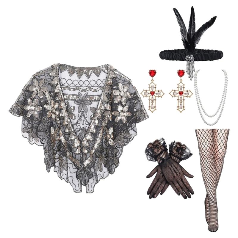 1920s Flapper Costume Set for Women with Sequined Shawl and Pearls Necklace Accessories for Gatsby Parties