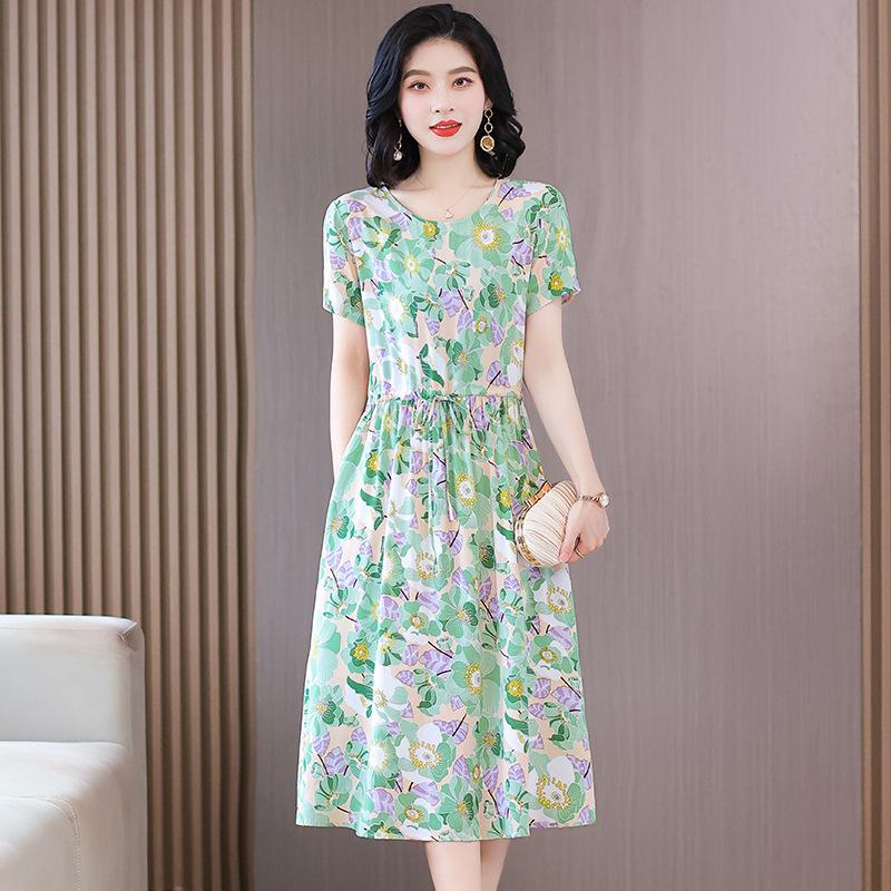 Women's Short Sleeve Midi Dress Round Neck Mid Rise Casual Floral Print A-Line Dress