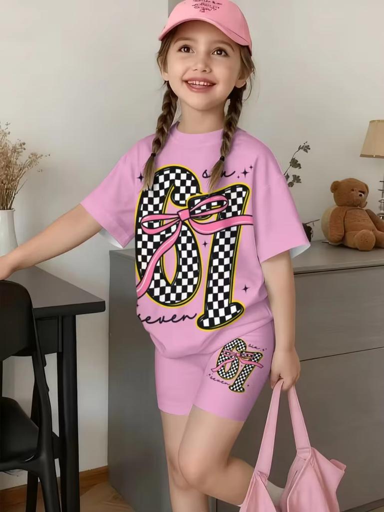 Summer 67 Six Seven Cartoon Print Girls 2PCS Short Sleeve T‑Shirt and Shorts Set Casual Children Daily Outdoor Fashion Outfit