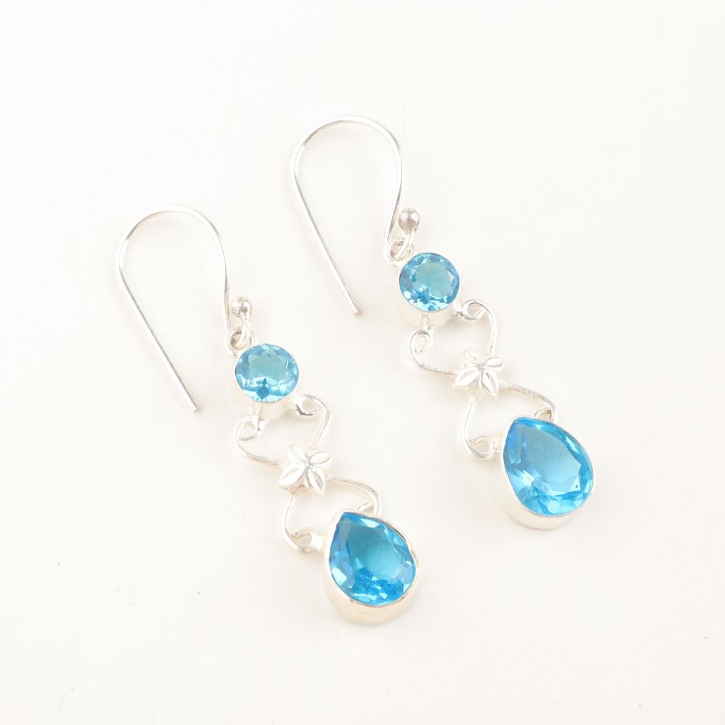 Natural Swiss Blue Topaz Gemstone 925 Solid Silver Jewelry Handmade Earrings 2" EE-156-13