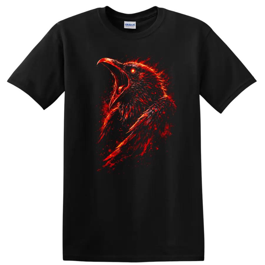 Red Raven Fire Graphic T Shirt Animal Art Fiery Bird Design Cool Tee