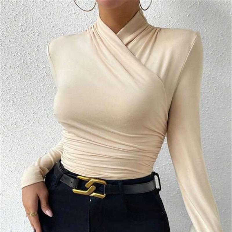 

European American Pullover Autumn Winter Design Cross Collar Long Sleeve Slim Versatile Solid Color Gather Detail T Shirt XL абрикосовий